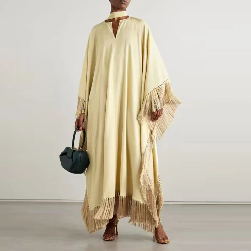 Szaty Kobieta Solidne Frędzle Nieregularne Długie Sukienki Wiosna Flare Długi Rękaw Luźna Sukienka Maxi Moda V Szyja Wiązanie Boho Party Dress