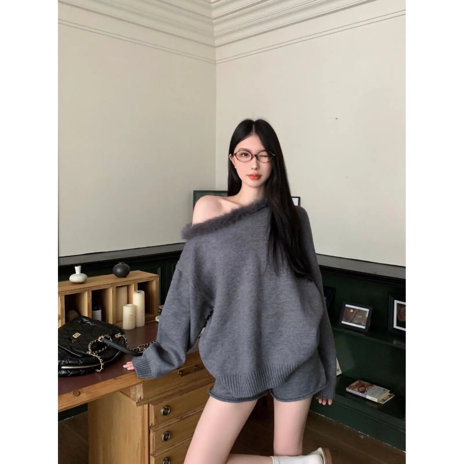 Korejpaa Casual Fur Collar Slanted Shoulder Pullover Sweater Short Sets Women Autumn Fashion Gray Knitted Shorts Two Piece Set