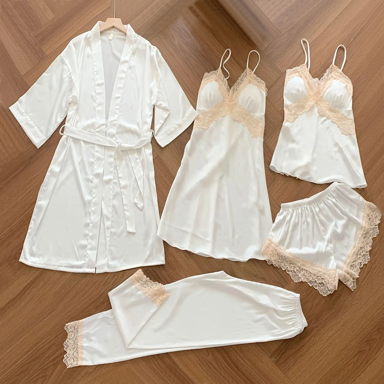 

Five Piece Pijamas Set Lace Sleepwear Nightwear Loungewear Summer Women Rayon Pajamas Suit Bathrobe Strap Top&Shorts Homewear