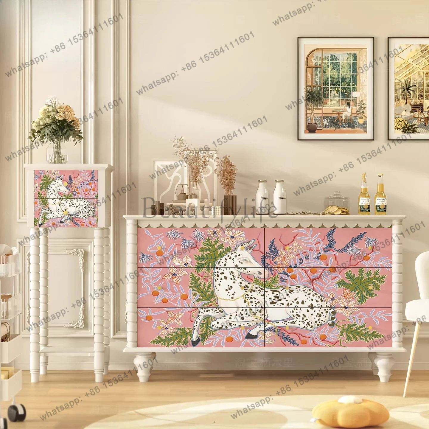 

Cream wind six-bucket drawer cabinet dining side living room against the wall storage side cabinet