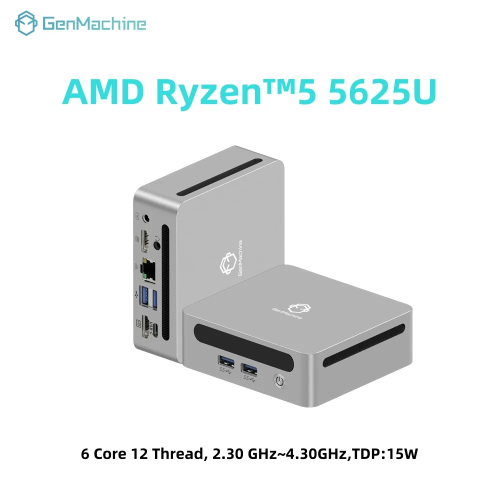 GenMachine Mini PC Computer Gaming AMD Ryzen 5 5625U 6 Core 12 Thread 4.3GHz 15W Dual HDMI LAN WIFI6 Office DDR4 NVMe Computer