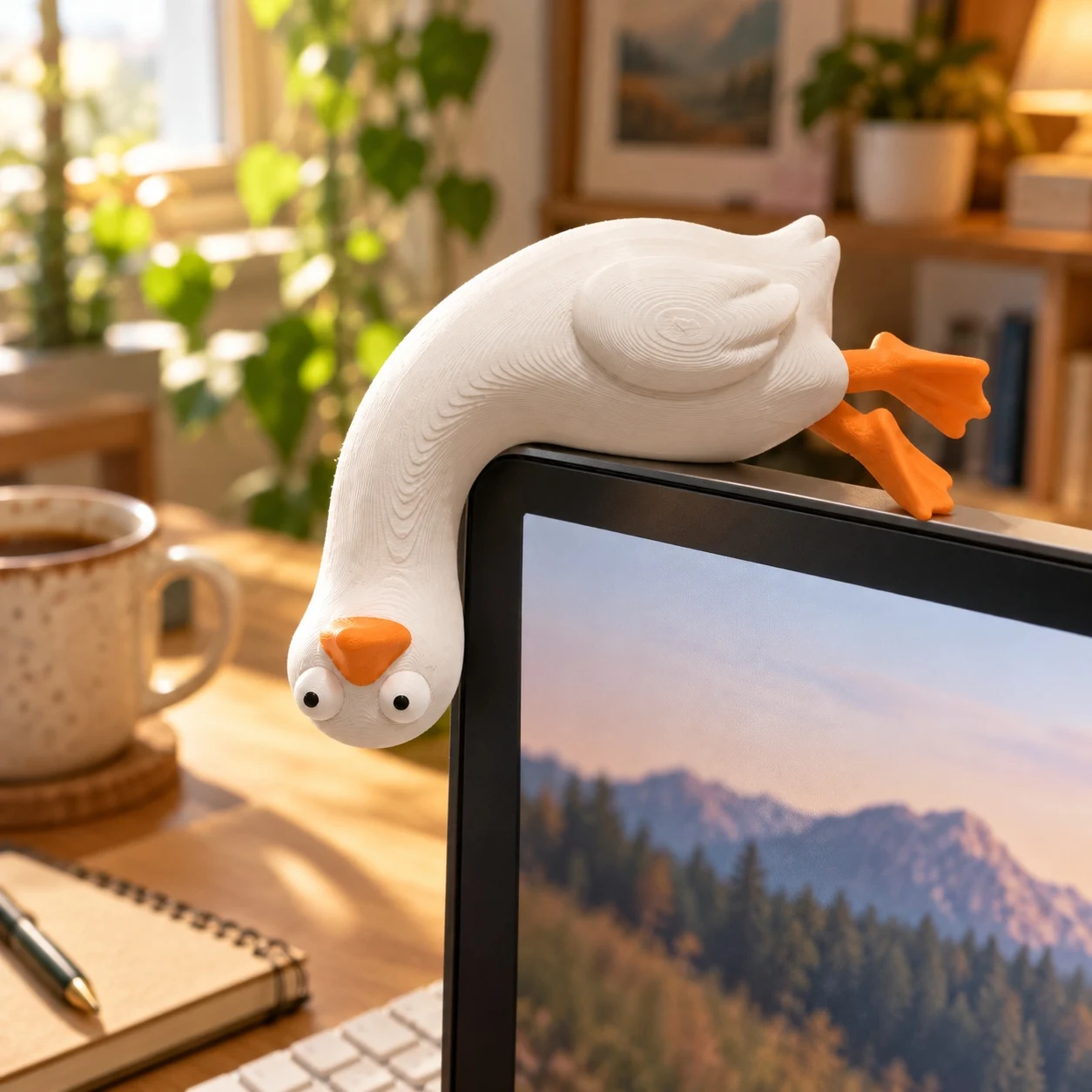 Funny Goose Monitor Corner Decor, 3D Printed Cute Screen Topper, White Goose Figurine, Home Office Desk Decoration, 1PC