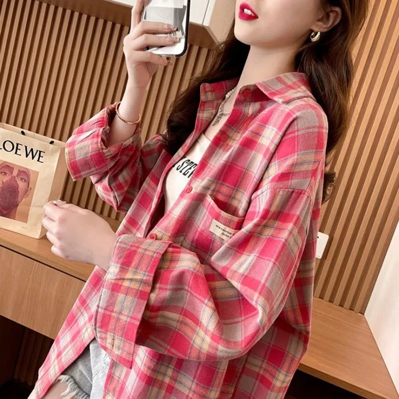 Summer Women\'s 2024 Splicing Polo Collar Button Pocket Plaid Fashion Loose Fashion Minimalist Casual Long Sleeve Blouses Shirts