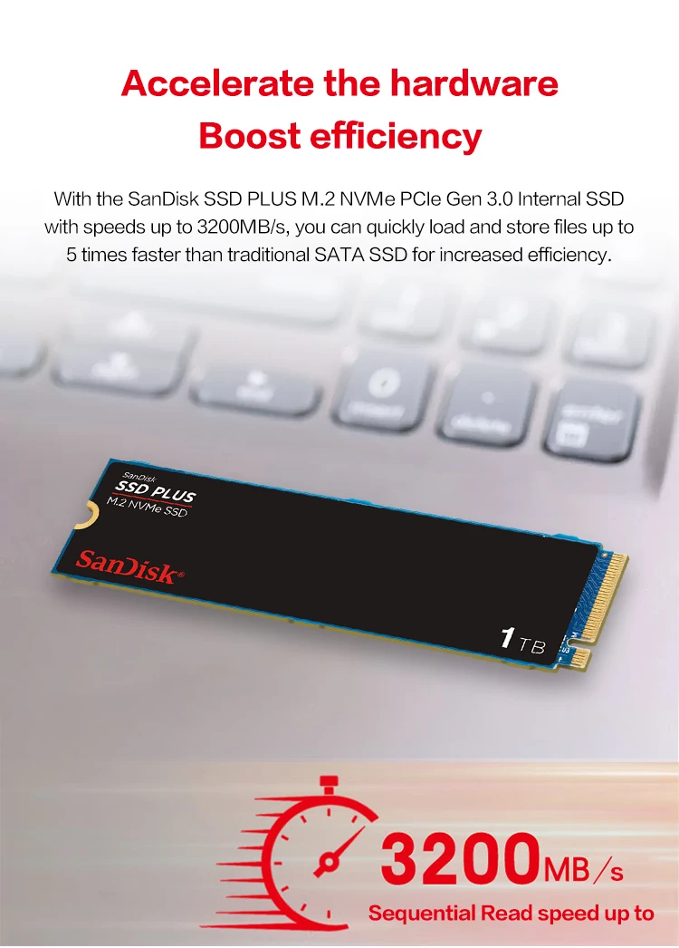 Unidad de Estado Sólido Interna SanDisk SSD PLUS M.2 NVMe PCIe Gen 3.0, Disco Duro de Almacenamiento de 250 GB, 500 GB, 1 TB, 2 TB para Computadora Portátil y de Escritorio