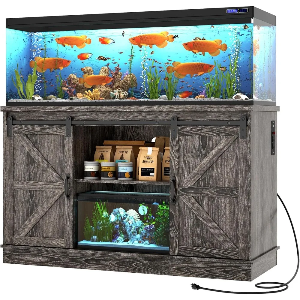

55-75 Gallon Fish Tank Stand with Power Outlet, Aquarium Stand with Cabinet & Sliding Barn Door, Heavy Duty Reptile Tank
