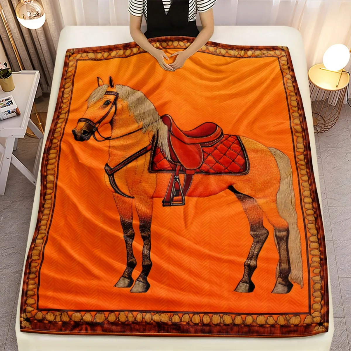 Coperta in pile con stampa Cavallo Accogliente, Copriletto con Arte Equestre di Stallione, Plaid per Camera da Letto di Lusso, Divano, Arredamento Cas