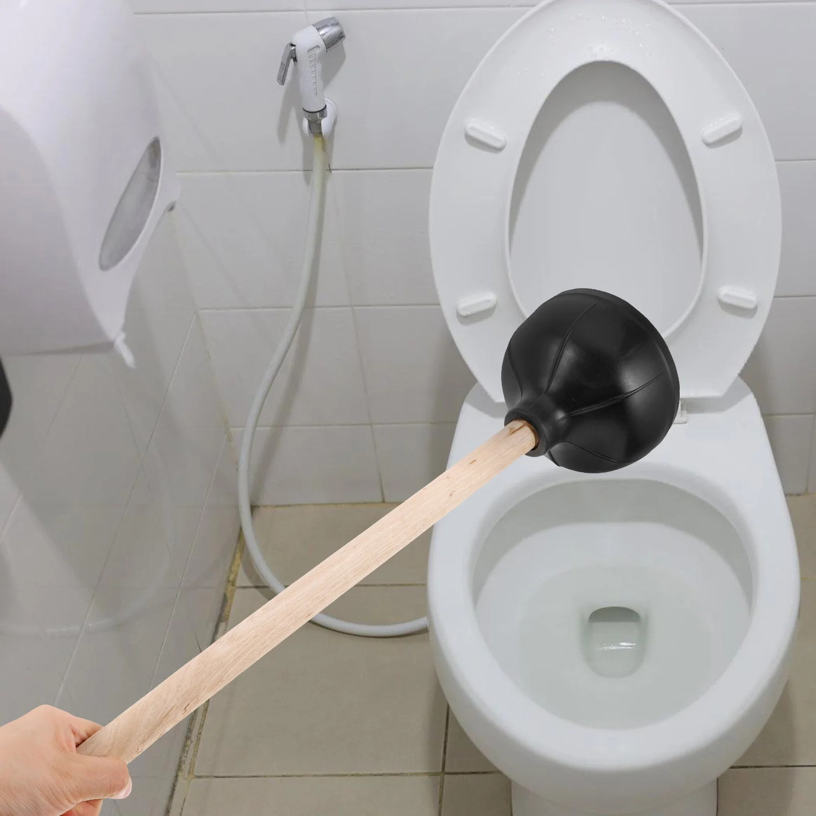 Toilet Unclog Anti Clogging Plunger Wooden Handle Heavy Duty Rubber Bathroom Tool