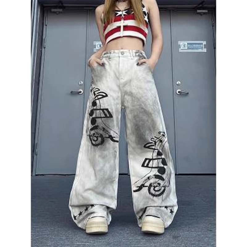 2026 American New Harajuku Vintage Print Jeans Y2K Women Washed Gray Straight Pants Street Gothic Loose Unisex Trousers Tide