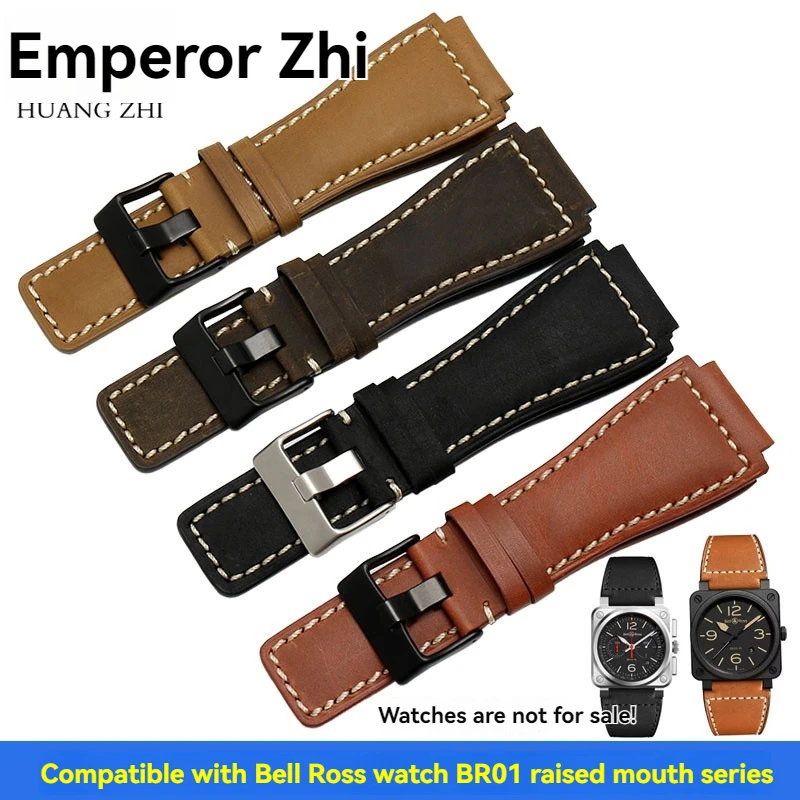 35-24mm convex cowhide band For Bell Ross B&R BR-01 BR-03 Men Genuine leather watchband silicone rubber waterproof watch strap