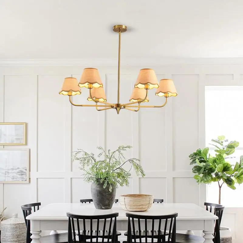 ثريا ذهبية مقاس 38 بوصة مكونة من 6 مصابيح مع غطاء من الروطان، تركيبات إضاءة متدلية لمنتصف القرن لغرفة الطعام أو غرفة المعيشة أو المطبخ (لمبة)