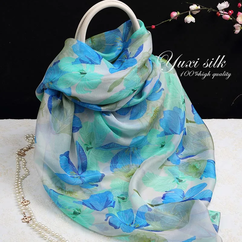 

High Quality Hibiscus Printed 100% Silk Long Scarf Shawl Women's Spring, Autumn and Winter Summer Beach