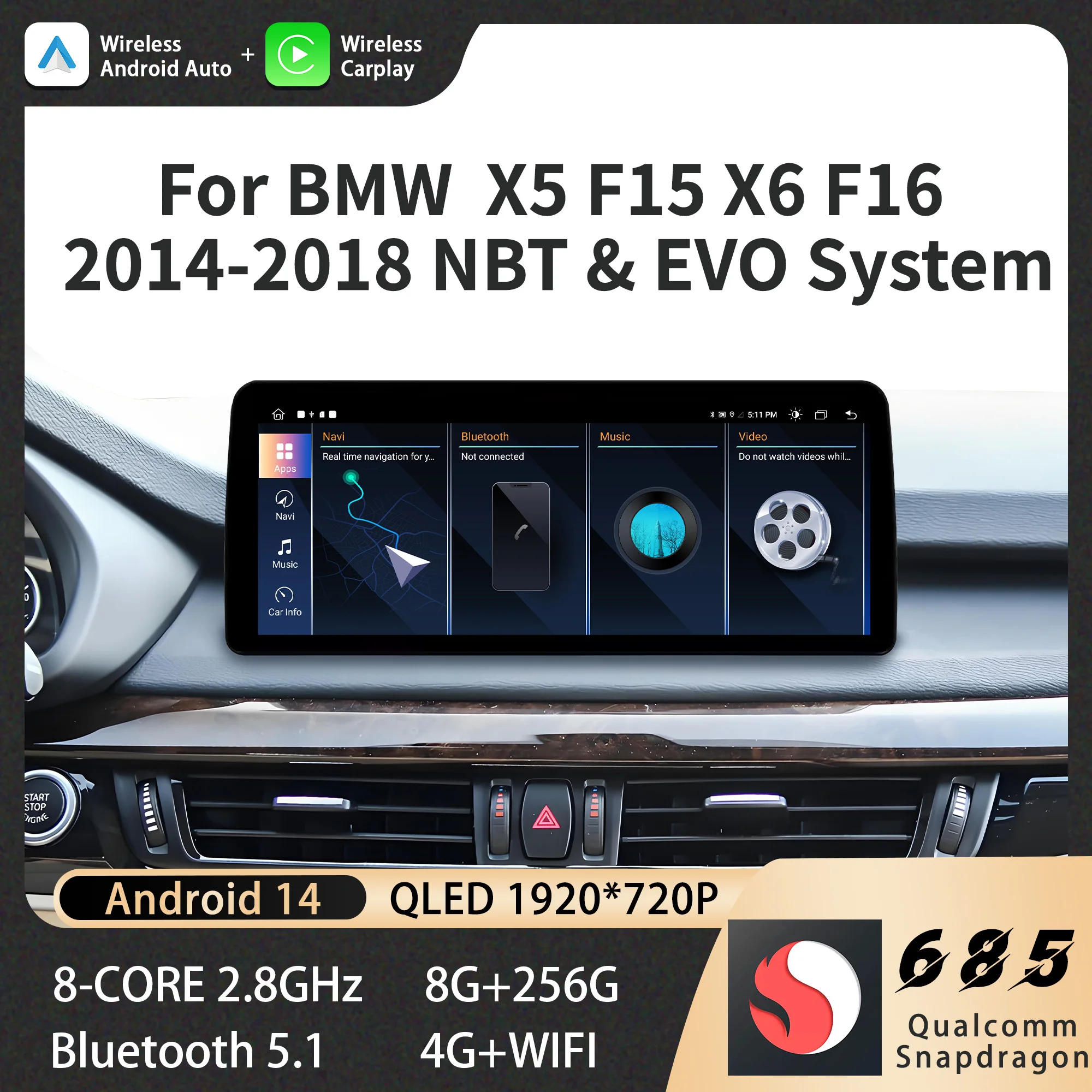 10.25inch Wireless Carplay Snapdragon 685 Android 14 For BMW X5 F15 X6 F16 2014-2018 Car Radio Bluetooth Multimedia