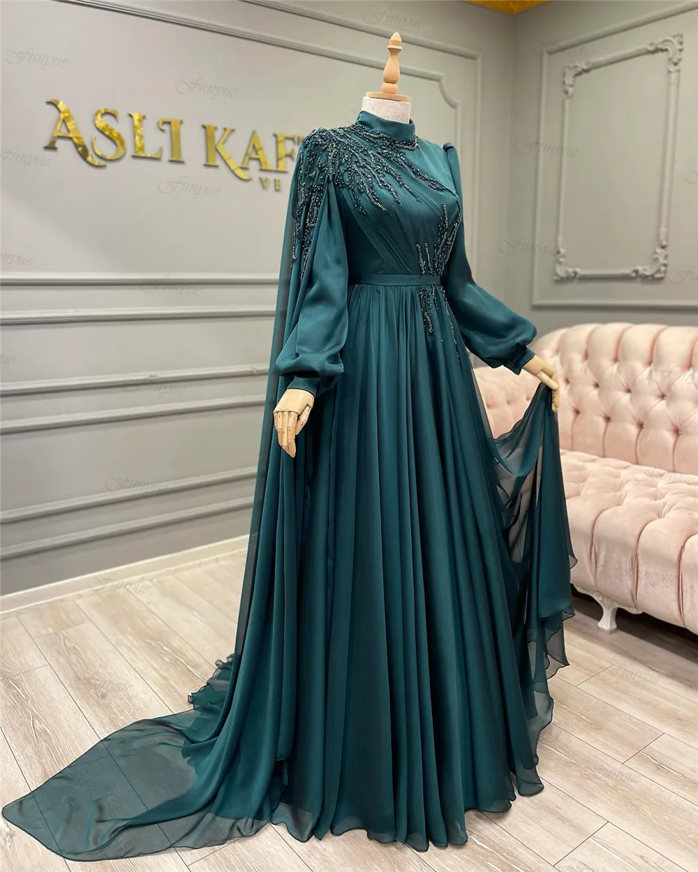 Teal A-Line Long Sleeve Formal Dress Lace Beaded Chiffon Moroccan Caftan Muslim Evening Party Gowns 2022 New