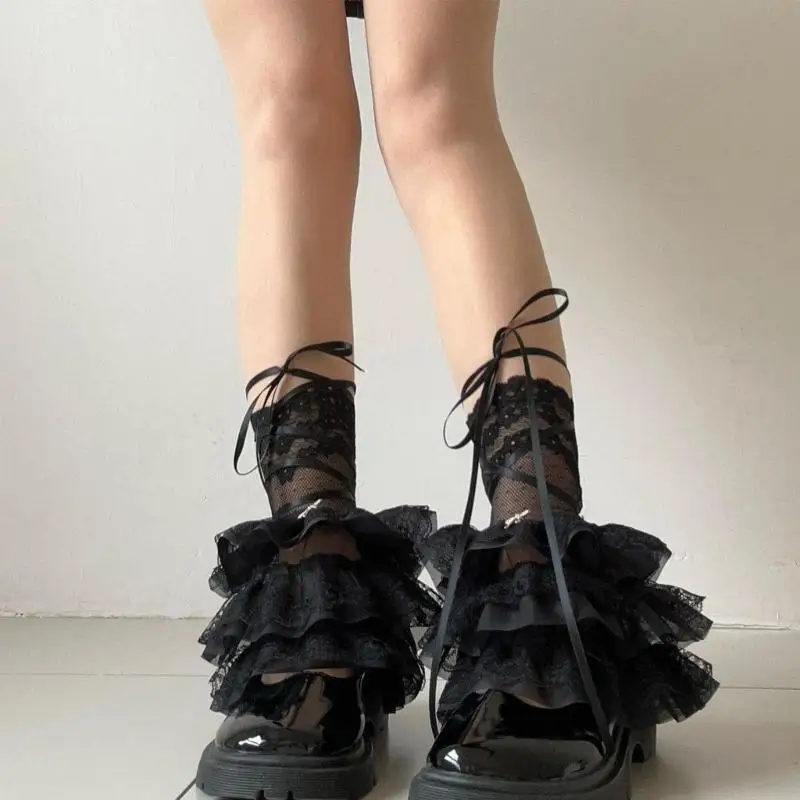 

Womens Tiered Ruffle Lace Leg Warmer Sweet Over the Calf Leg Socks Princess Sheer Leg Warmer Summer Thin Leg Sleeves