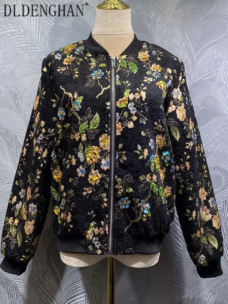 DLDENGHAN Women's Sequins Beaded Jacquard Jacket O-Neck Long Sleeve Vintage Fashion Autumn Females with Pockets