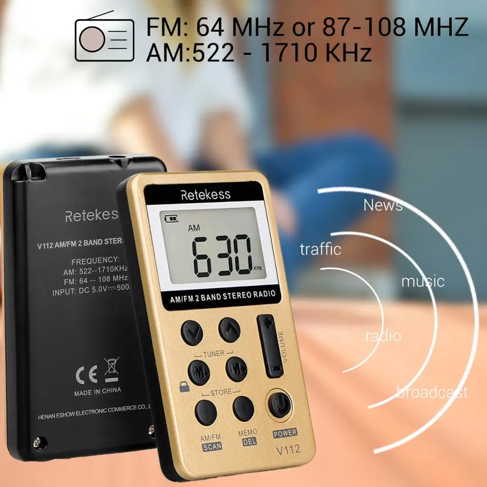 Retekess V112 Radio Mini Pocket Radio Receiver Portable Radios AM FM Rechargeble Sleep Time Earphone For Walkman Go Hiking