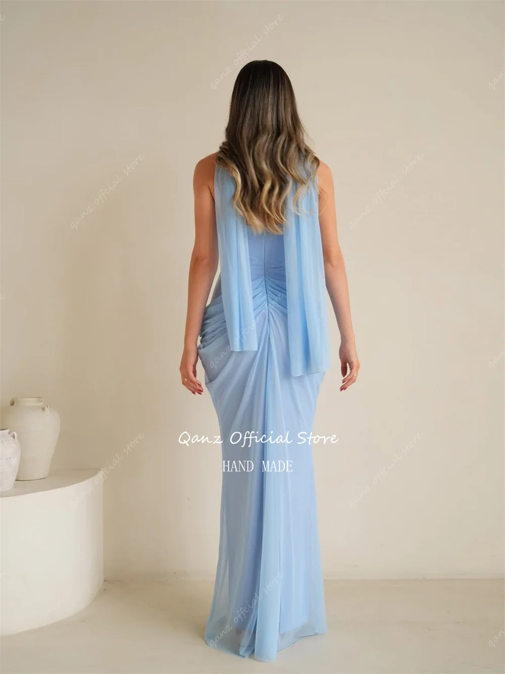 Qanz Elegant Light Blue Evening Dress Mermaid Strapless Formal dresses Woman Backles Women's Wedding Party Attire Customized