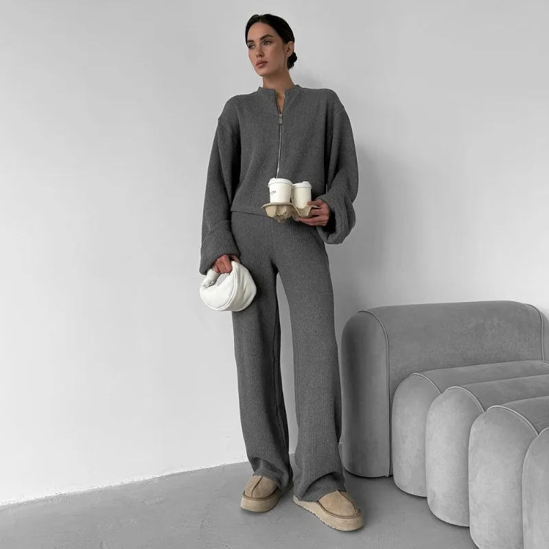 

Tuularose Knit Grey 2 Piece-Set Wide Leg Trousers Female Zipper Loose Long Sleeve Cardigan Coat High Waist Women's Pants Sets