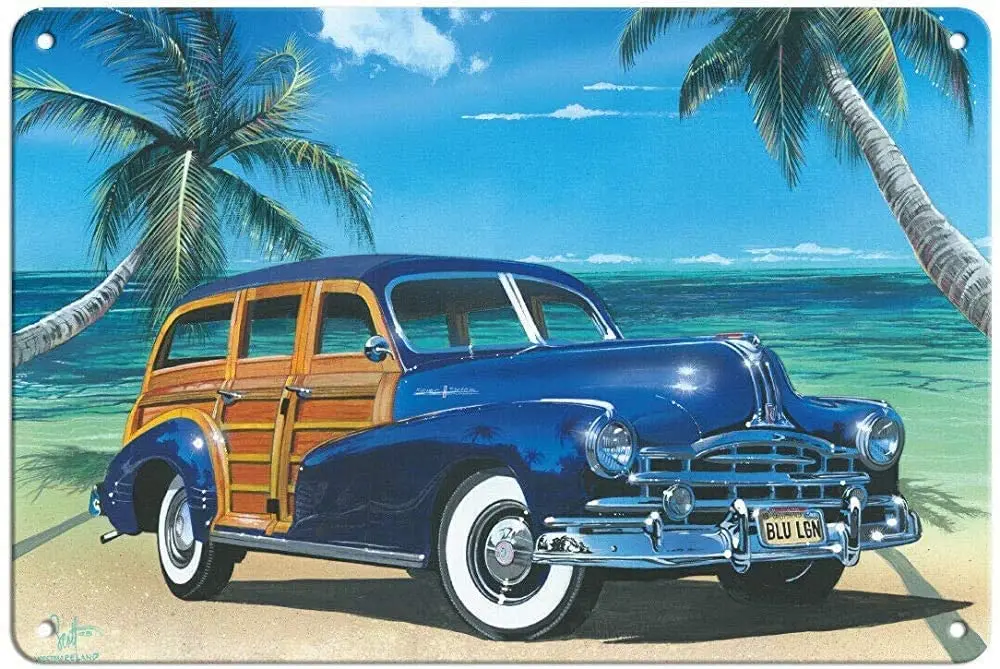Metal Tin Sign Blue Lagoon Retro Car on Beach Pub Bar Retro Poster Home Kitchen Restaurant Wall Decor Signs 12x8inch sign