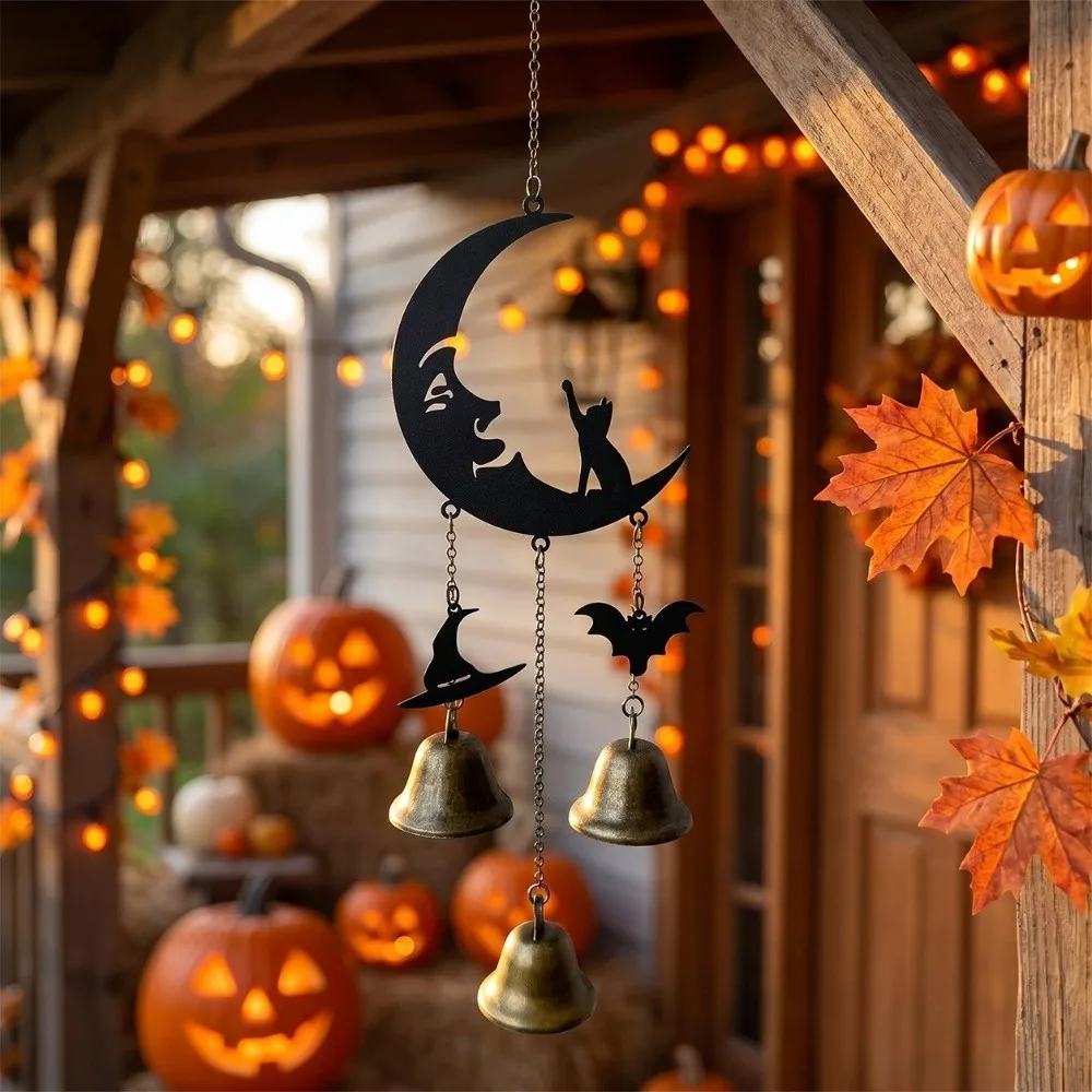 Creative Retro Halloween Moon Wind Chime Decorative Durable Black Cat Wind Chimes Witch Hat Garden Patio Decor Outdoor