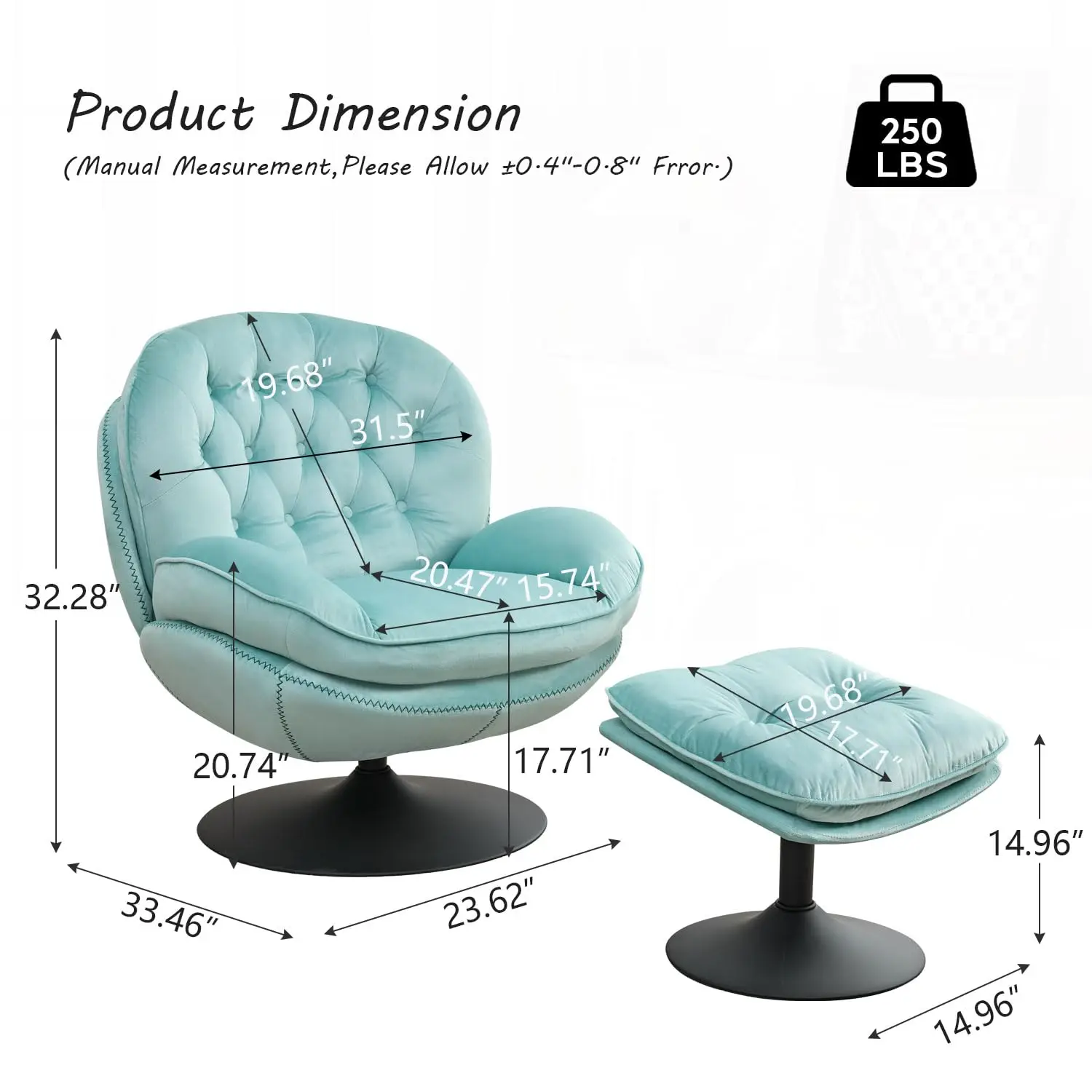 Swivel Accent Chair with Ottoman Set, Velvet Modern Lounge Chair with Metal Base Frame & Footrest, Comfy Lazy, Customized