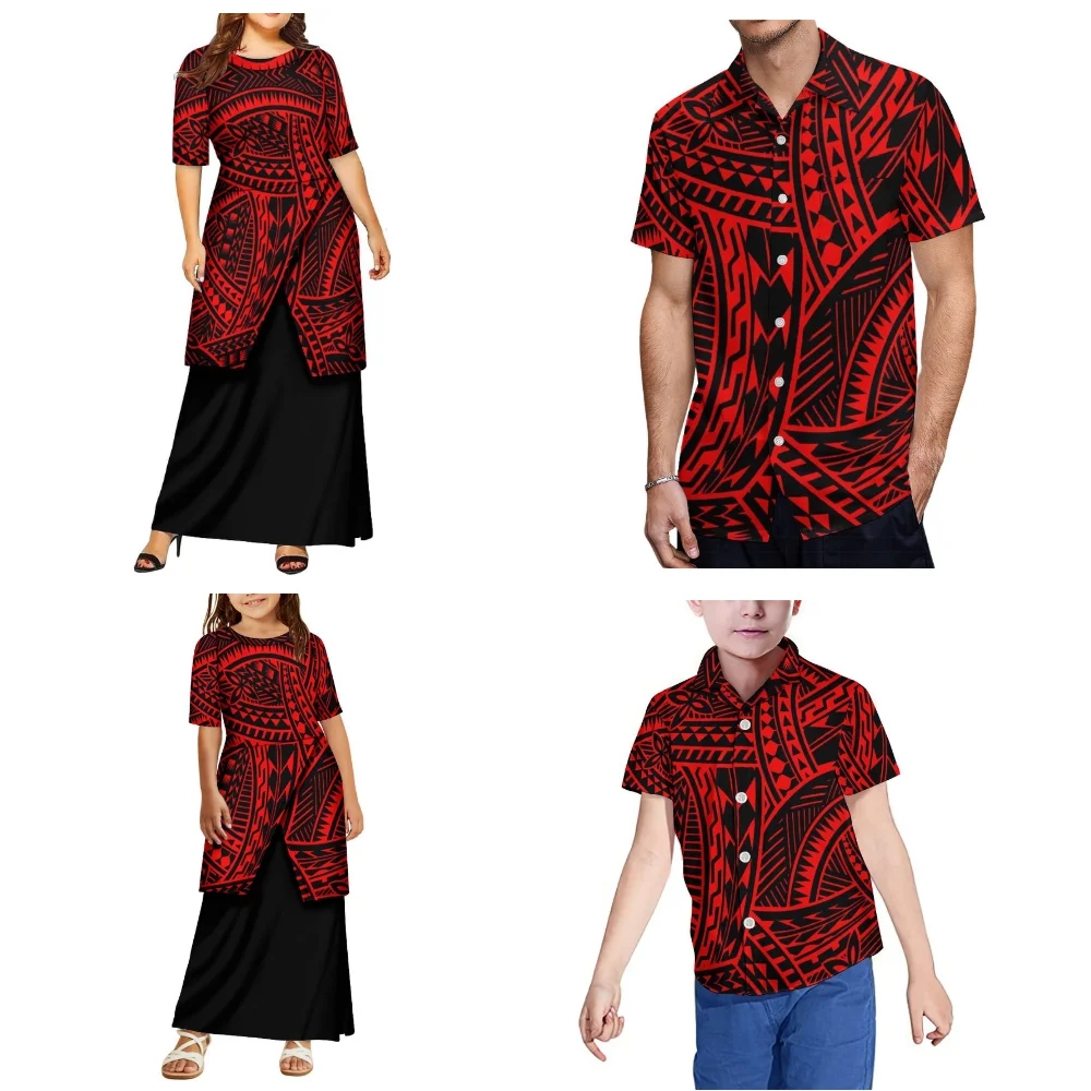 Ternos de reunião de família polinésia para mulheres meninas puletasi terno saias homens meninos camisas havaianas ternos casuais