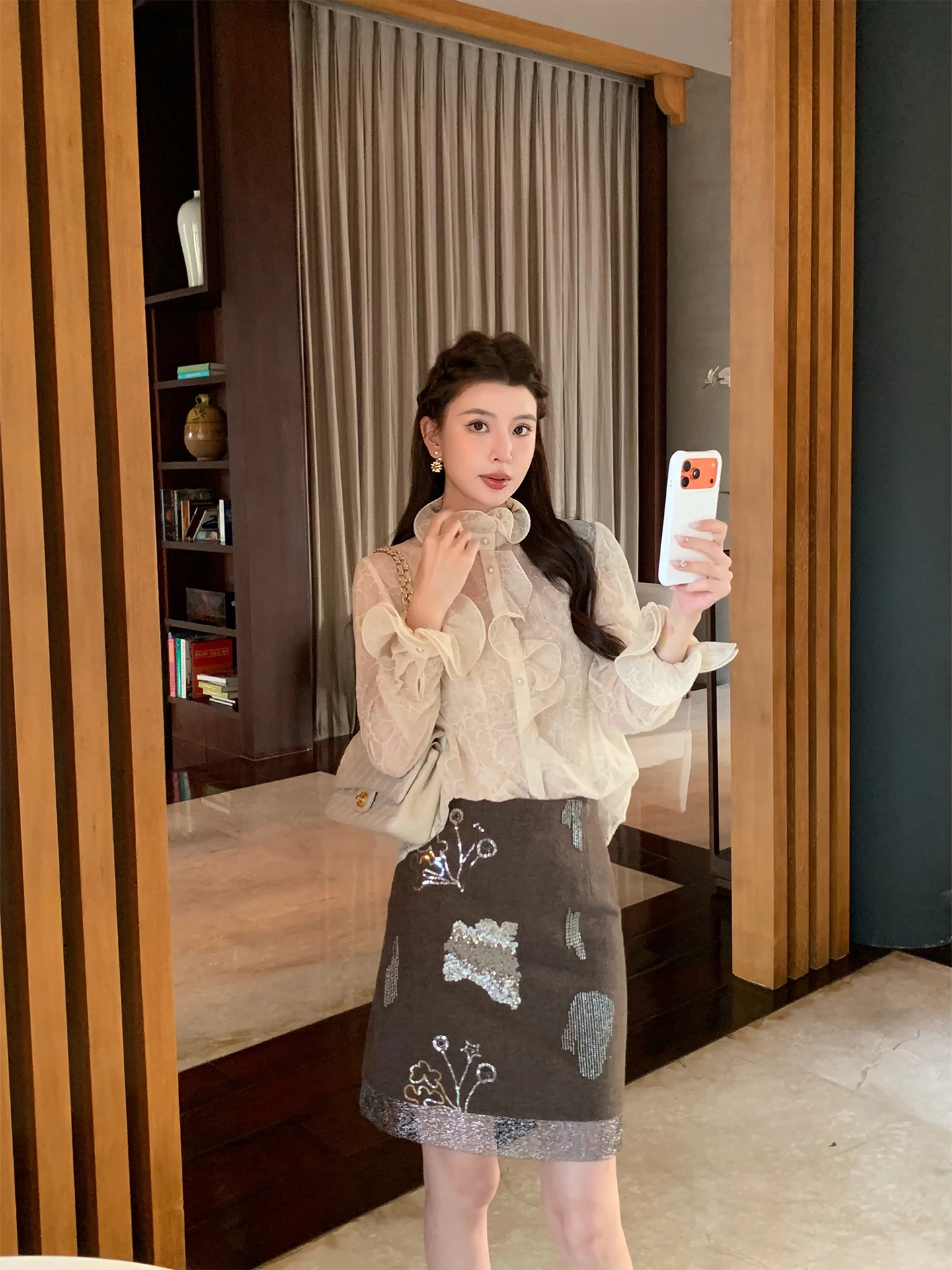 

Kun Total Women's Velvet irt Apricot Slimming Spring Design Casual Sle Long Sve Floral Collar Polyester Fiber