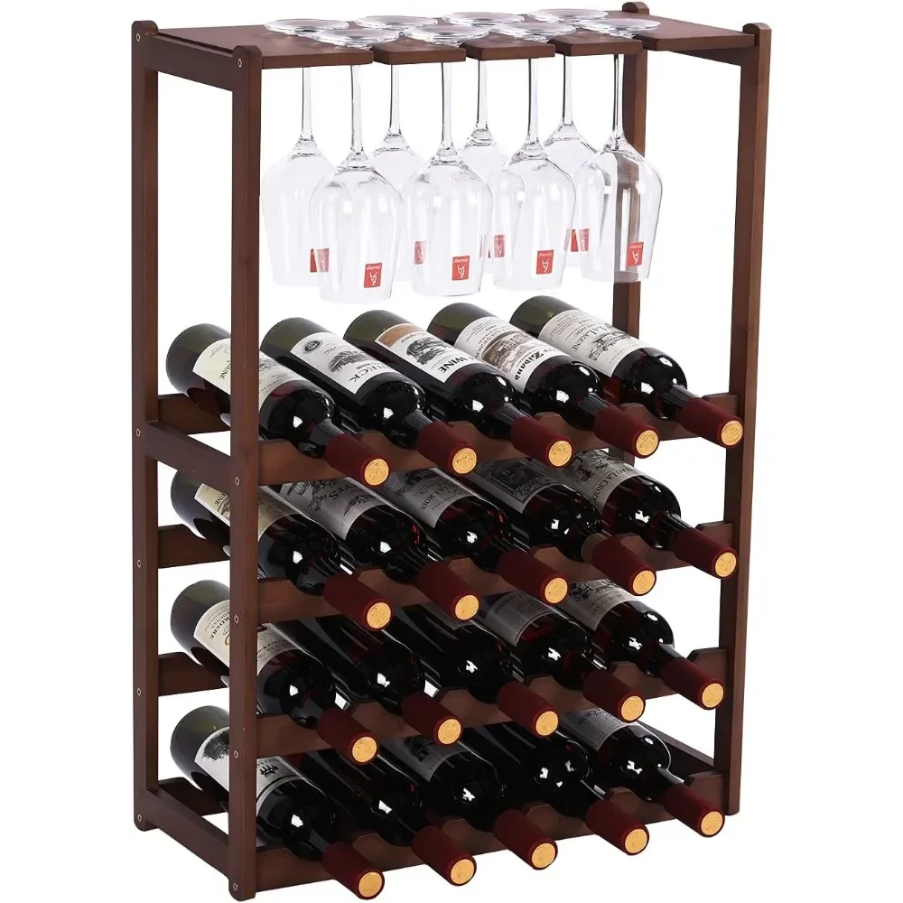 

Wine Rack Free Standing 20Bottles with 8Glasses Holder,Bamboo Wine Storage for Home Kitchen Pantry Organizer Display Stand