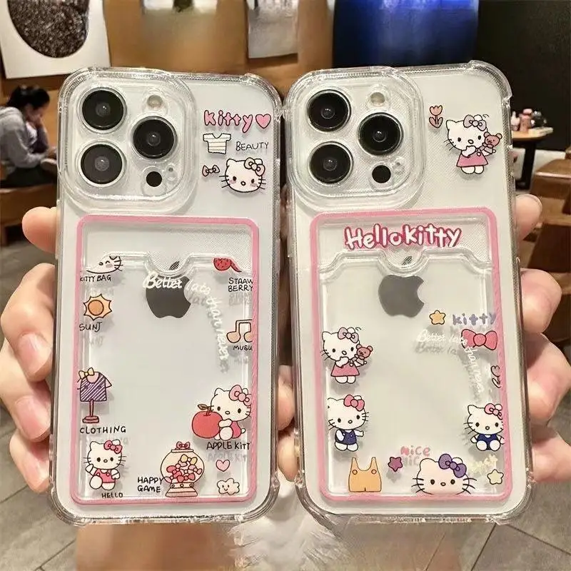 Hello Kitty Pattern Case For IPhone 16 15 14 13 12 Mini 11 Pro XS X XR 7 8 Plus SE Soft TPU Card Slot Pocket Holder Wallet Cover 