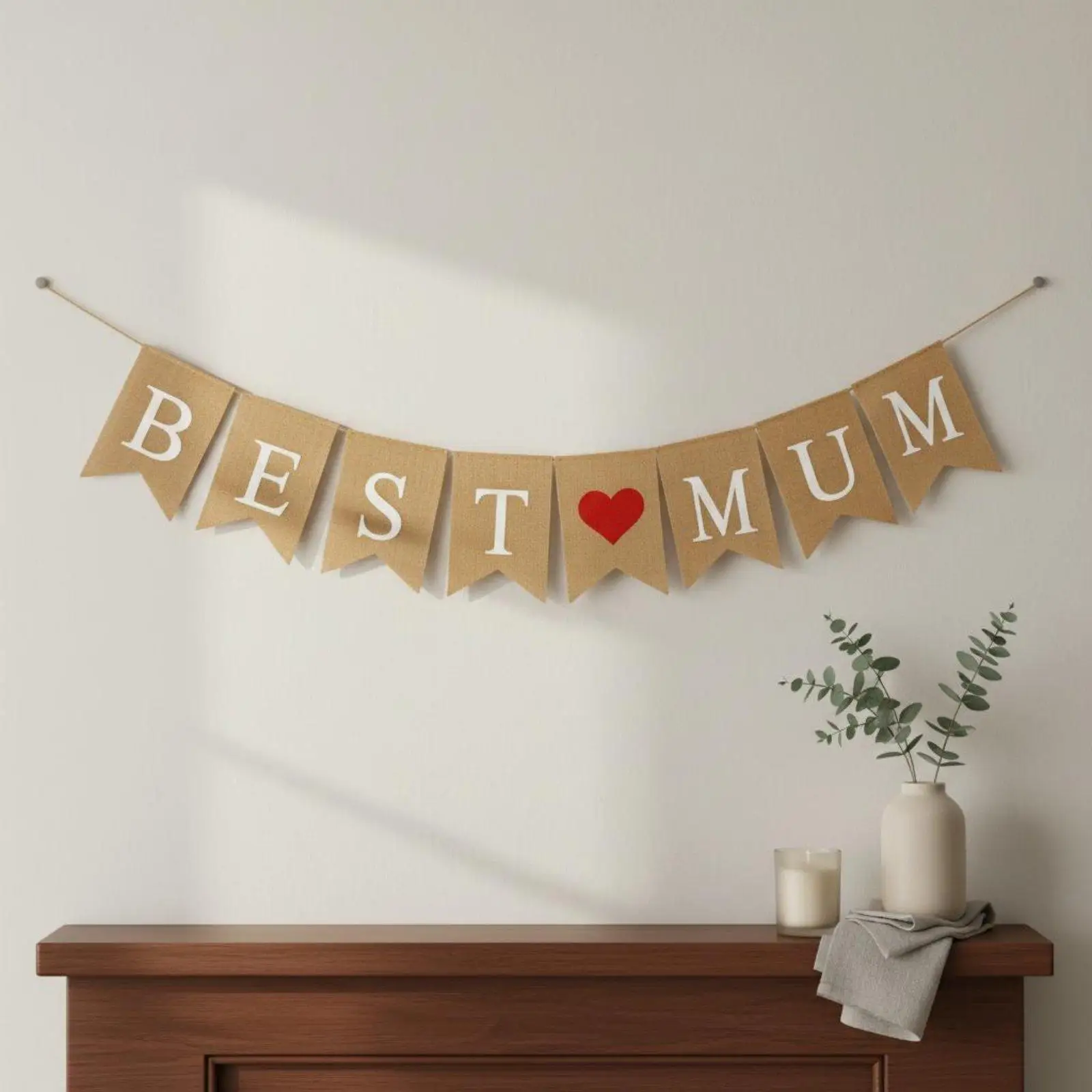 Rustic Home Decor Burlap Swallowtail Flag for Wall Decoration Vintage Style Party Banner with Lettering and Red Heart