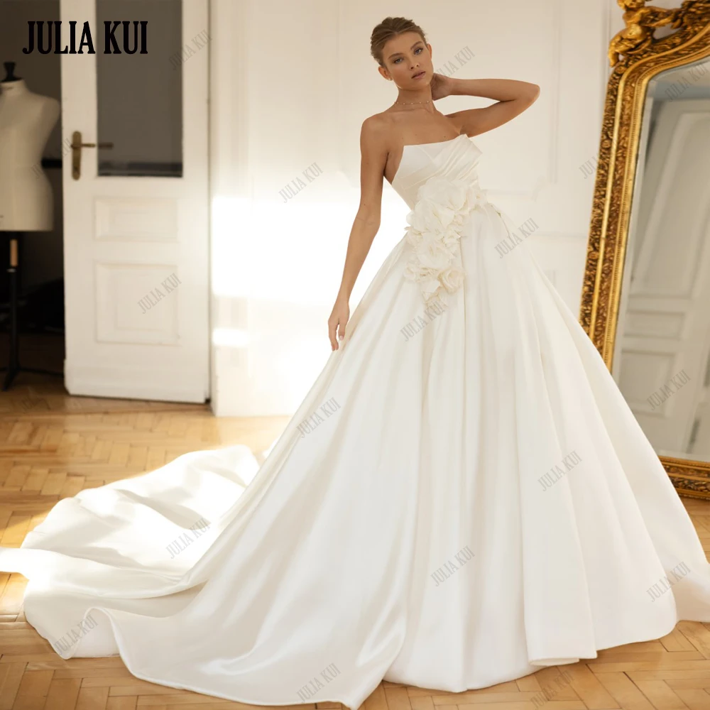 Julia Kui Luxury Satin Boat Neck Ball Gown Wedding Dresses Off-shoulder With 3D Flowers Decoration Sash Floor-length Bridal Gown