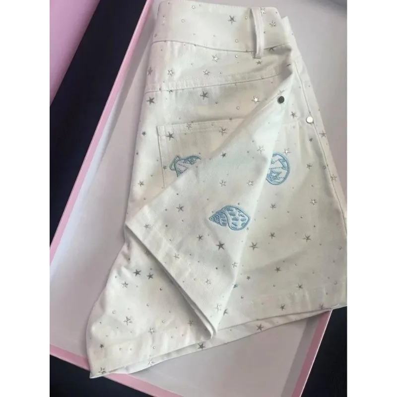 

Women White Silver Star Shell Embroidered Denim Shorts High Waist Loose A Line Summer Pants