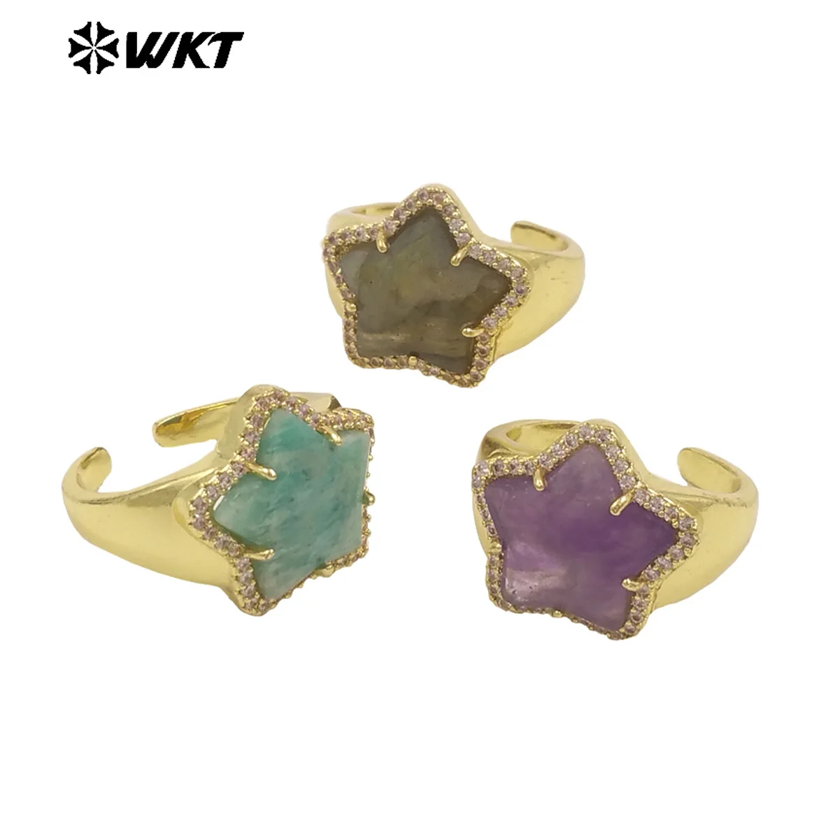 WT-R558 Squisito zircone pavimentato e placcato oro 18 carati Anello colorato speciale a forma di stella per le donne Accessorio quotidiano raffinato