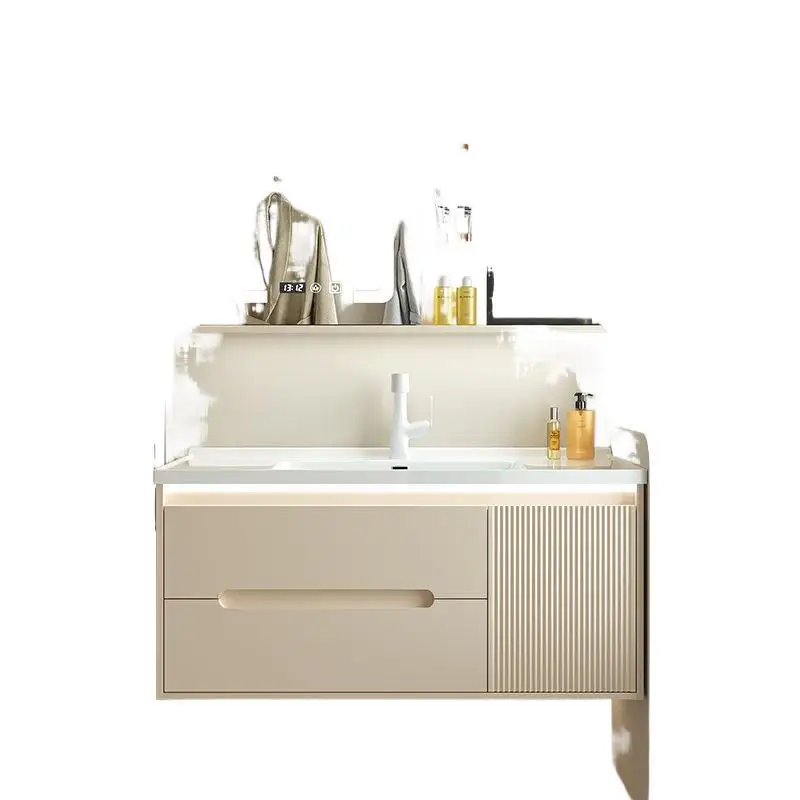 Paint-free cream bathroom cabinet toilet hand wash washbasin solid wood smart sink