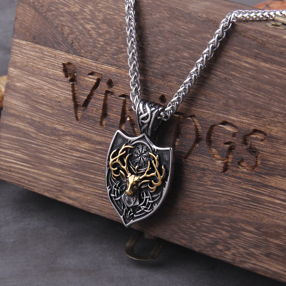 Viking Stainless Steel Deer Head Shield and Signpost Vegvisir Necklace Men's Charm Amulet of Odin Pendant Jewelry with box