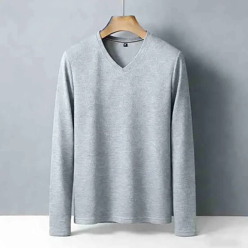 Bruin heren T-shirt met V-hals, lange mouwen, kreukherstellend, makkelijk te onderhouden, ademend, casual top
