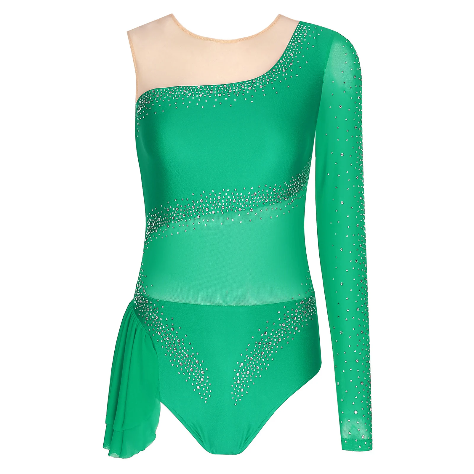 Um ombro brilhante strass malha bodysuit para as Mulheres, Ginástica Collant, Dancewear para Ballet Dance, Ginástica e Yoga, Patinação Artística