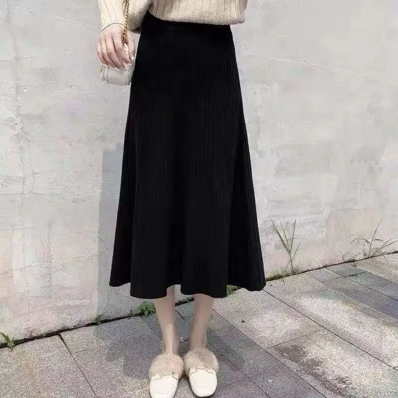 Winter Fashion Screw Thread Solid Color Knitting High Waist Skirt Women Clothing All-match Striped Elastic Waist Mid Length Skir