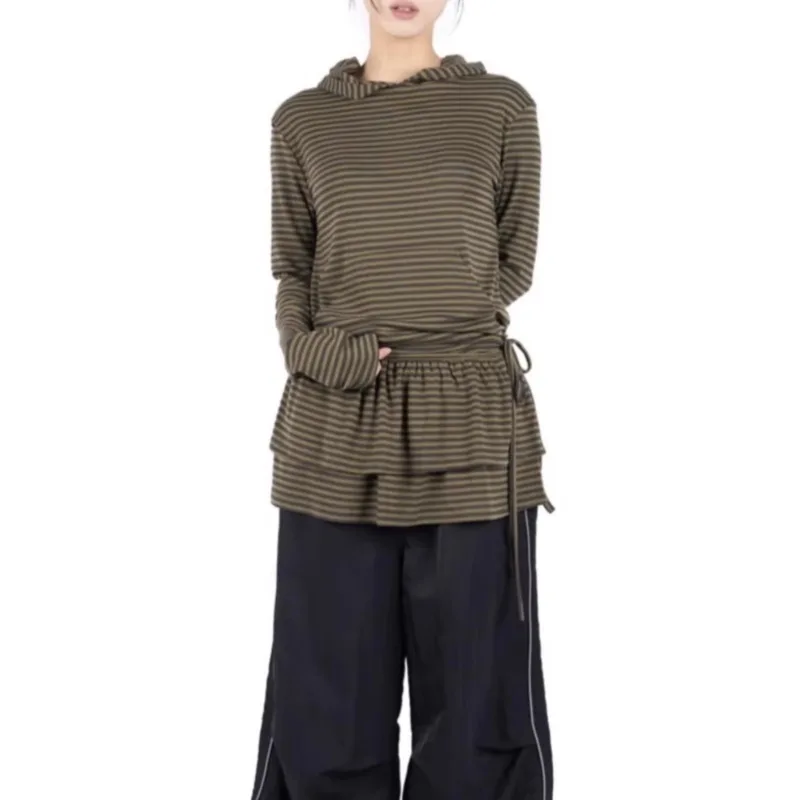 Korean Retro Pleated Lace-up Hooded Long-sleeved T-shirt Women 2025 Autumn New High Street Contrast Color Striped Casual Tops