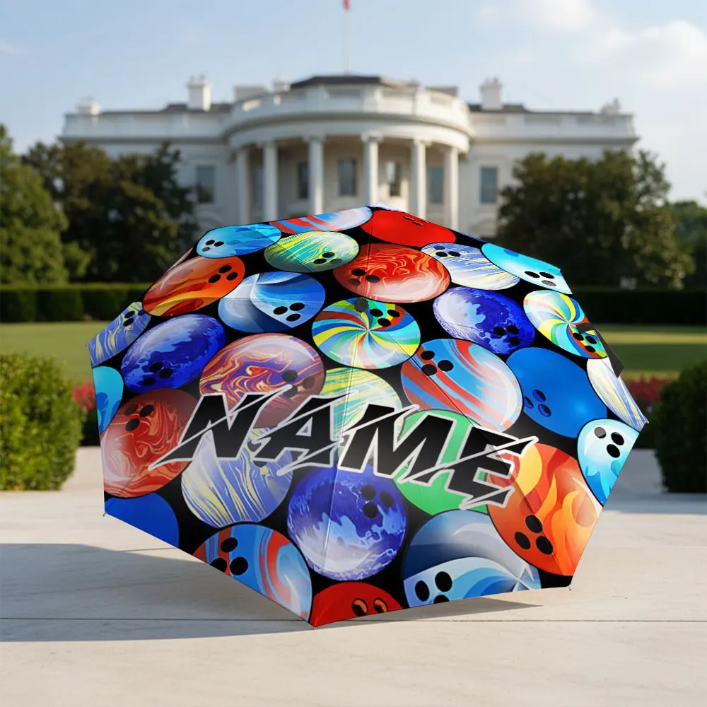Custom Name umbrella, Colorful Bowling Ball Pattern with Bold Text Design Fashion Folding Umbrella for Daily Use,Christmas Gift