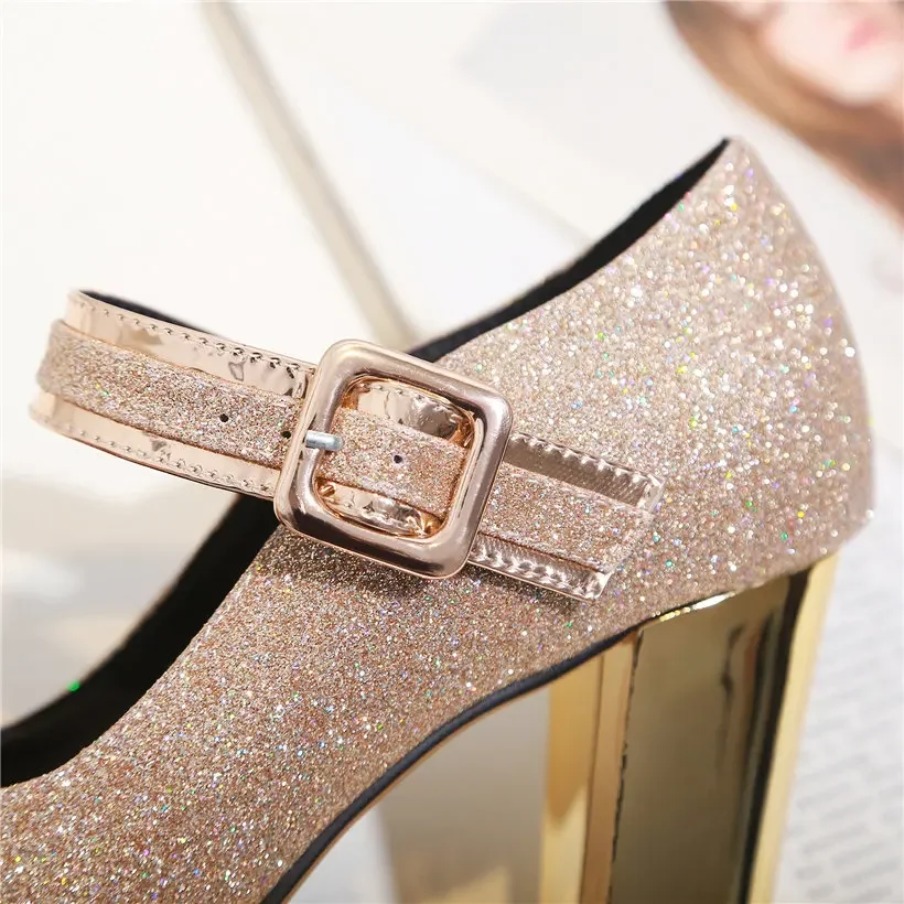 Silver Gold Sequined Cloth Wedding Women Platform Pumps High Block Heels Round Toe Buckle Belt Mary Jane Party Office Lady Shoes