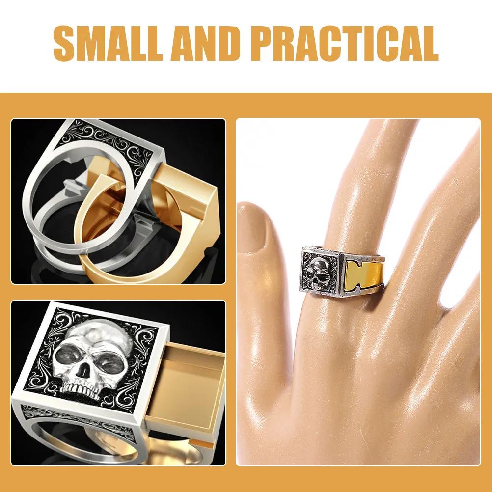 Secret Compartment Skull Ring Vintage Carved Punk Jewelry for Men Women Unisex Cool Unique Retro Alloy Ring Festival Party