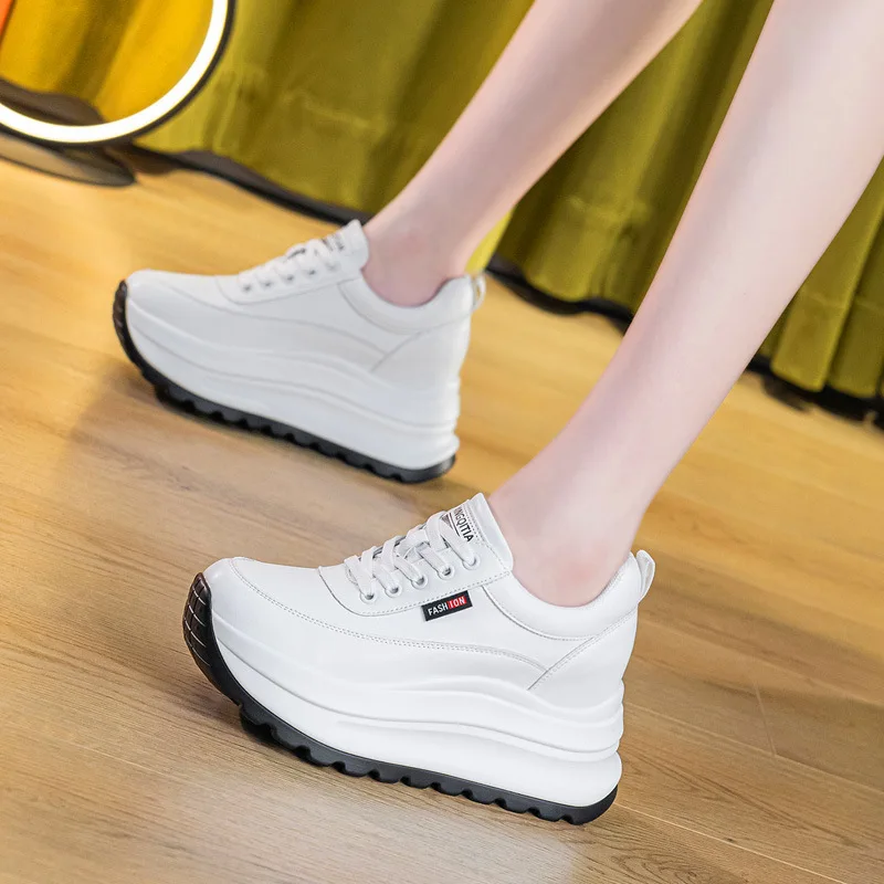 

Genuine Leather Casual Shoes Women Flat Platform Fashion Ladies Height Increasing Shoes 7cm White Shoes DX573
