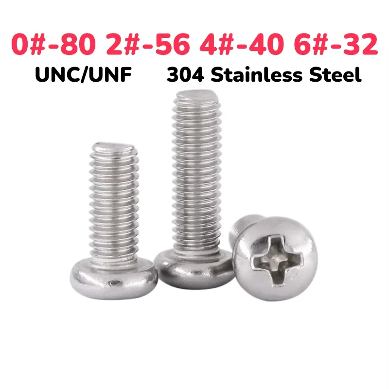 0#-80 2#-56 4#-40 6#-32 UNC/UNF 304 Stainless Steel Cross Phillips Round Head Screw Bolt