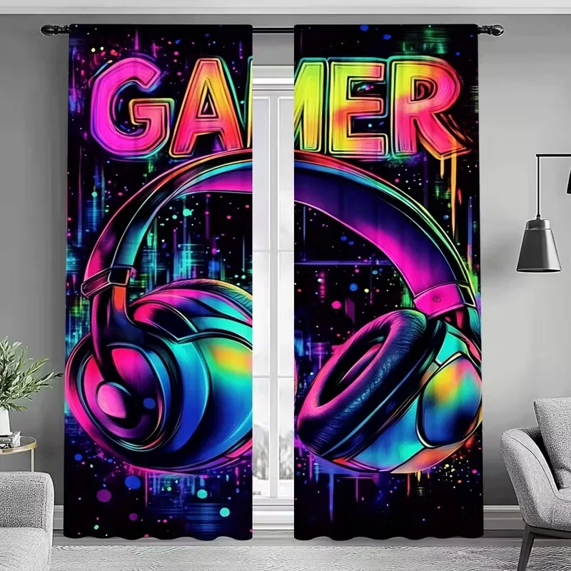 2PC Neon Gamer Headset Graffiti Sheer Curtains - Gaming Themed Print Window Drapes for Man Cave Bedroom Decor