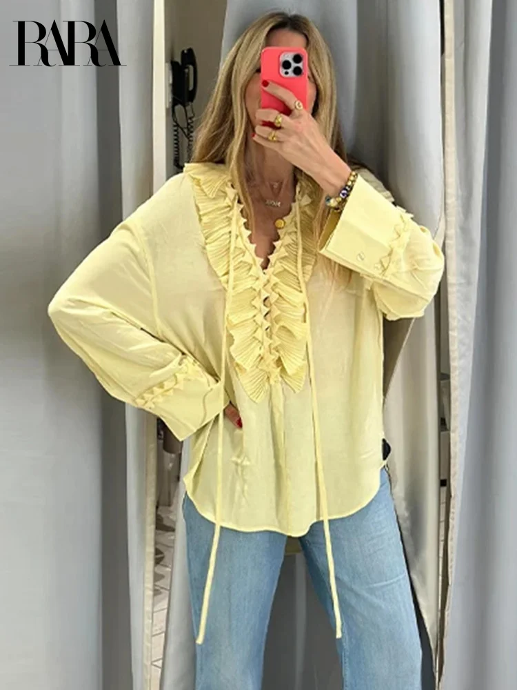 

2025RARA Summer New Elegant Lace Ruffled Fashion Long-sleeved Casual Shirt Solid Color Lazy Style Casual Shirt Top