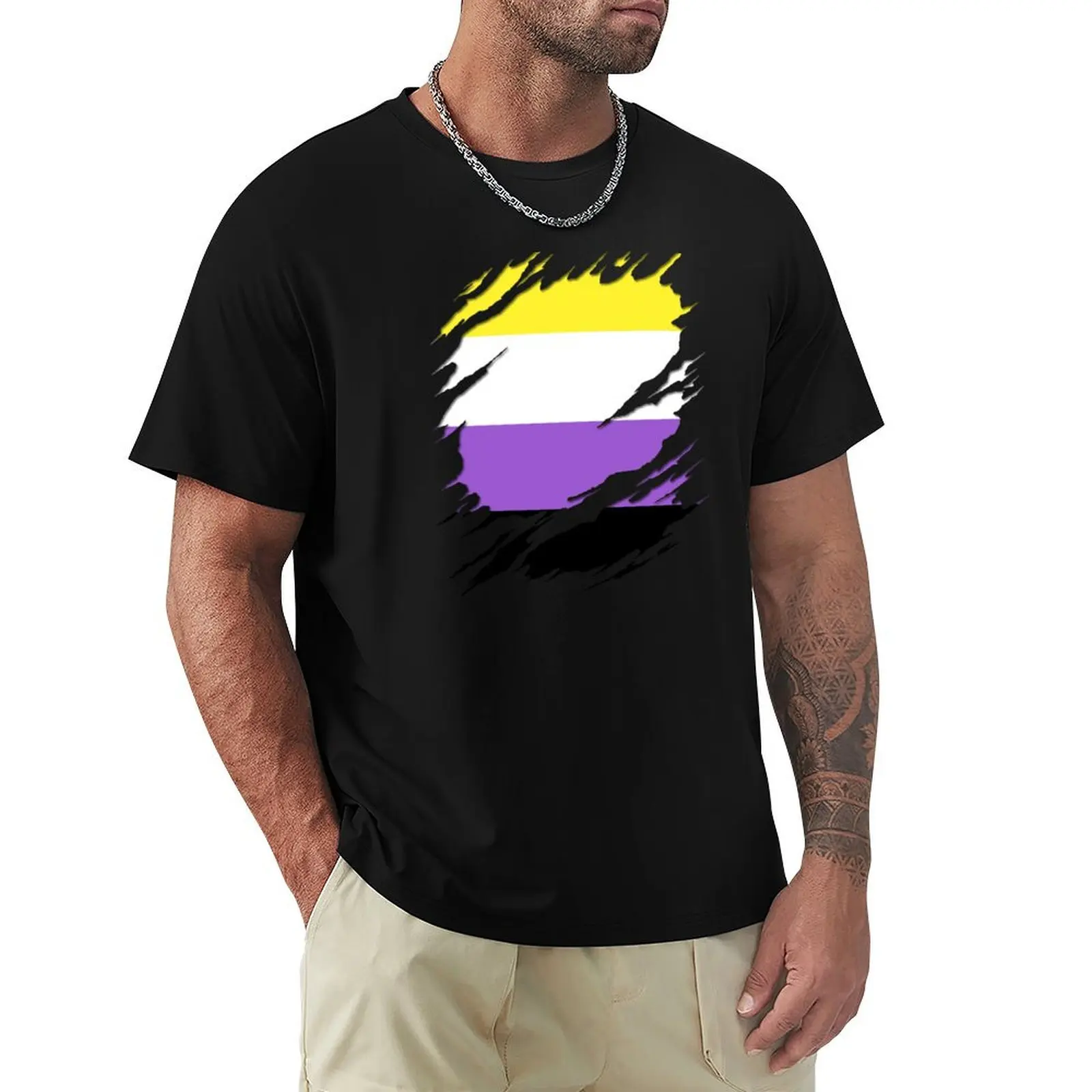 Nonbinary Pride Flag Ripped Reveal T-Shirt blanks cute tops men t shirts