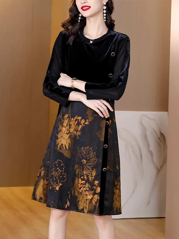 Women Black Velvet Patchwork Floral Midi Dress 2024 Korean Vintage Hepburn Party Dresses Autumn Elegant Bodycon Thick Warm Derss