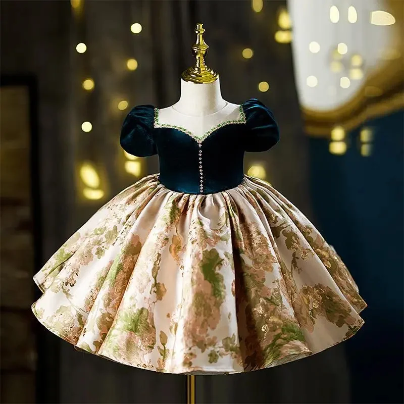 Europa America velvet Kids Vintage Dress for Girls Wedding Girl Princess Party prom Pageant Gown christmas Children