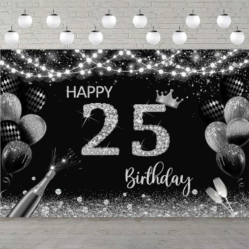 

Фон для фотосъемки с 25 днем рождения, блестящий баннер-25 лет, украшения для вечеринки для мужчин, черный золотой фон